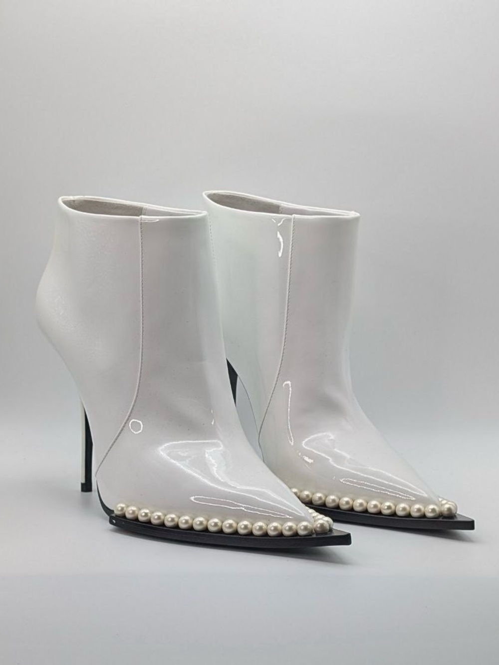 NWT Dolce & Gabbana White Patent Pearl-Trim Stiletto Ankle Boots NIB Authentic - Picture 5 of 16